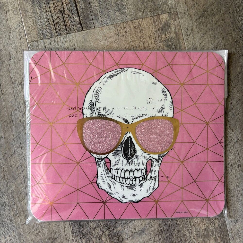 Pink Skull Mouse Pad Glitter Sunglasses Goth Desk Pad 8x9 Halloween Office